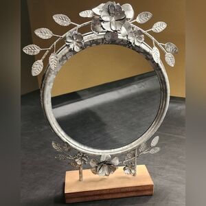 Decorative Silver Floral Round Mirror On Stand- Silver